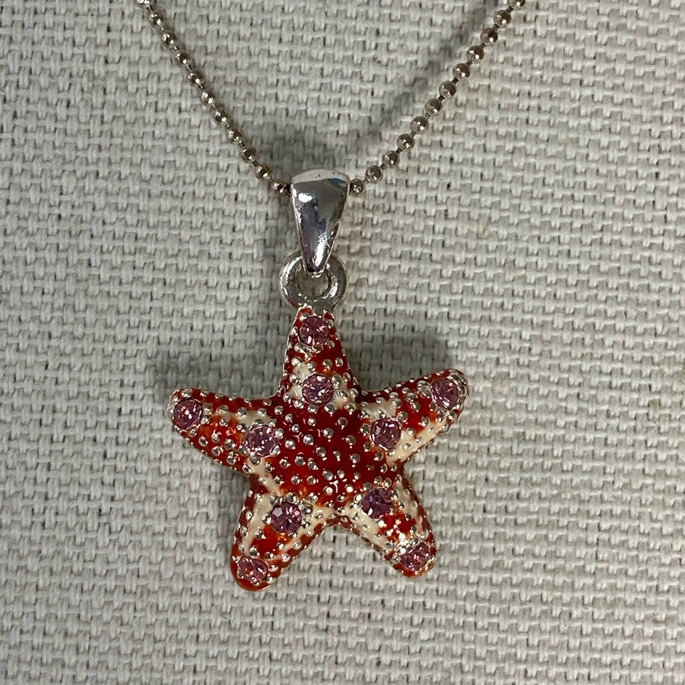 Dainty enameled and rhinestone starfish necklace